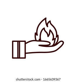 Flame over hand line style icon design of Fire bonfire hot burn light flammable heat and campfire theme Vector illustration