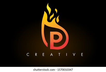 Flame P Letter Logo Design Icon with Orange Yellow Colors and Flames  Vector Illustration.