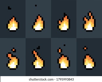 Flame pixel art animation. Isolated vector illustration of mobile or pc game sprites. Design for stickers, logo, mobile app. Game assets 8-bit sprite sheet.