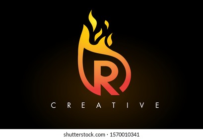 Flame R Letter Logo Design Icon with Orange Yellow Colors and Flames  Vector Illustration.