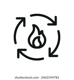 Flame reaction arrows isolated icon, fire flame circle rotate arrow vector symbol with editable stroke