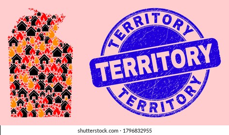 Flame and realty composition Australian Northern Territory map and Territory dirty stamp seal. Vector collage Australian Northern Territory map is created with randomized burning villages.