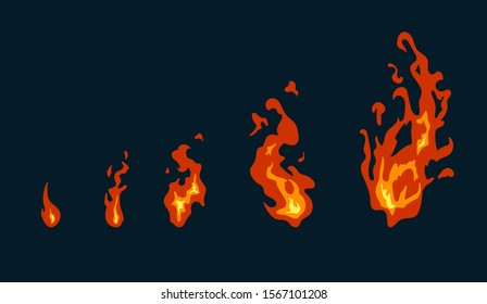 Flame Of Red Fire. Game Icons Set. Comic Boom Flame Effects For Emotion. Animation Frame. Process Steps, Video Fire.
