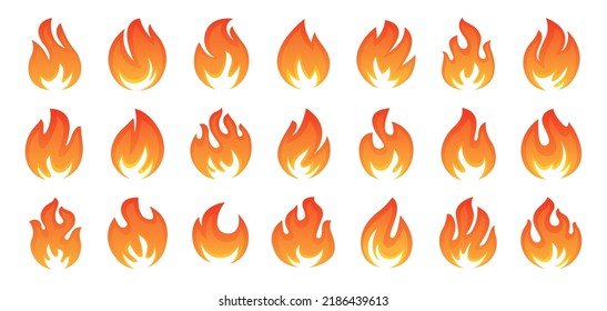 Flame, Red Hot Bonfire Set Vector Icons. Blazing, Burning Heat Fire Symbol. Ignition Concept. Vector Isolated