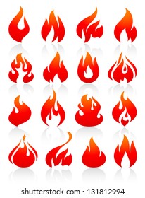 Flame redish, set icons with reflection on white background, vector illustration