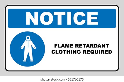 Flame retardant clothing required sign. Firefighter costume icon, isolated on white background. Clothing symbol. Vector Information mandatory symbol in blue circle isolated on white. Notice label