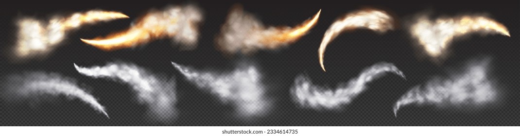 Efecto vectorial aislado de la pista de humo del lanzamiento del cohete de llama. Despegue de velocidad de chorro o lanzadera en un spray en la nube transparente. 3d explosión blanca de nave espacial realista en textura de condensación del cielo. Flor de pista de naves espaciales