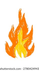 Flame with rough crayon strokes and layered tongues rising upward. Symbol of energy, heat, danger, passion, and power. Cartoon vector illustration.