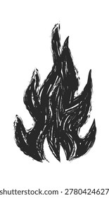 Flame with rough strokes and textured grunge lines, tall tongues of fire forming a dynamic shape. Symbol of energy, passion, danger, and heat with rough ink strokes. Cartoon vector illustration.
