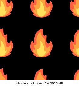 Flame seamless pattern. Large elements pattern, black background. Bright fire.