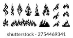 Flame Silhouette in classic style. Black fire and flame silhouette shapes in varied styles. Old school tattoo style or silhouette flame for cars. Minimal stylish fire silhouette. Vector graphic set