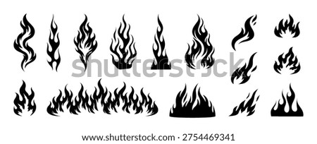 Flame Silhouette in classic style. Black fire and flame silhouette shapes in varied styles. Old school tattoo style or silhouette flame for cars. Minimal stylish fire silhouette. Vector graphic set