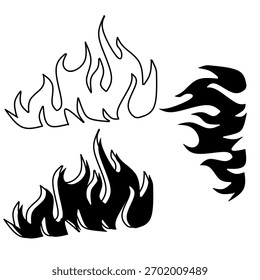 Flame silhouette set in black and outline style, perfect for stickers, decals, tattoos, and graphic design elements.
