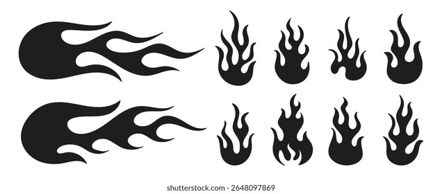 Flame silhouette vector set with transparent background, retro 90s hot rod fire tattoo style, bold old school graphic element design, retro fire aesthetic Icons set
