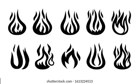 Flame silhouettes. Black firing icons, warning symbols isolated on white. Burning vector emblems