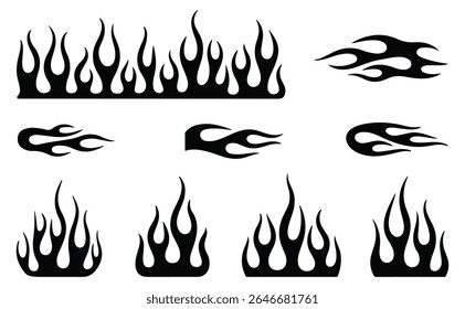 Silhuetas de chama no estilo clássico dos anos 90, motocicleta e estilo de carro hot rod. Antiga escola, tatuagens retrô. Silhueta de chama preto e branco e estilo de contorno. Estética de fogo retrô, com chamas. Conjunto de vetores