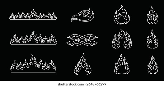 Silhuetas de chama no estilo clássico dos anos 90, motocicleta e estilo de carro hot rod. Antiga escola, tatuagens retrô. Silhueta de chama preto e branco e estilo de contorno. Estética de fogo retrô, com chamas.