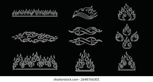Silhuetas de chama no estilo clássico dos anos 90, motocicleta e estilo de carro hot rod. Antiga escola, tatuagens retrô. Silhueta de chama preto e branco e estilo de contorno. Estética de fogo retrô, com chamas.