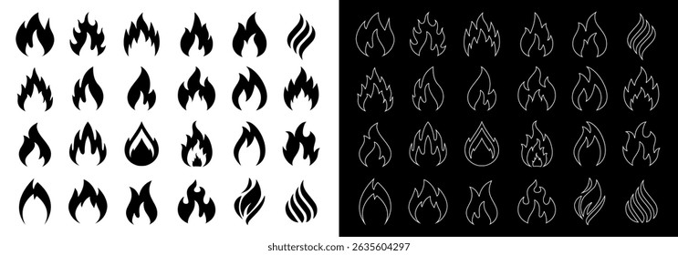 Siluetas de llama, conjunto de iconos de fuego, llamas de estilo sólido y contorno