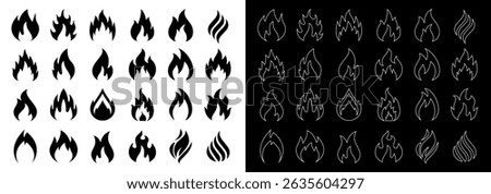 Flame silhouettes, set of fire icons, solid and outline style flames