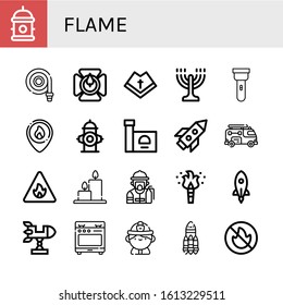 flame simple icons set. Contains such icons as Hydrant, Fire hose, Candle holder, Mantle, Menorah, Torch, Firefighter, Fire hydrant, Stove, can be used for web, mobile and logo