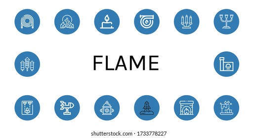 flame simple icons set. Contains such icons as Hose, Wildfire, Candle, Candelabra, Candle holder, Spaceship, Rocket, Fire hydrant, Fireplace, can be used for web, mobile and logo