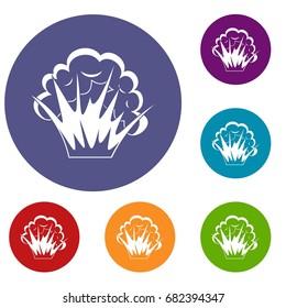 Flame and smoke icons set in flat circle red, blue and green color for web