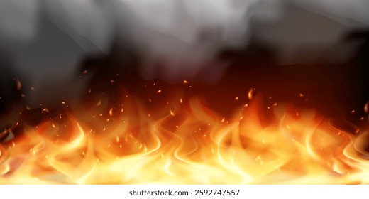 Flame with smoke isolated on black background. Realistic vector border of fire, mockup bright burning blaze with  ember particles and fume. Glowing fiery element with smoke and sparks