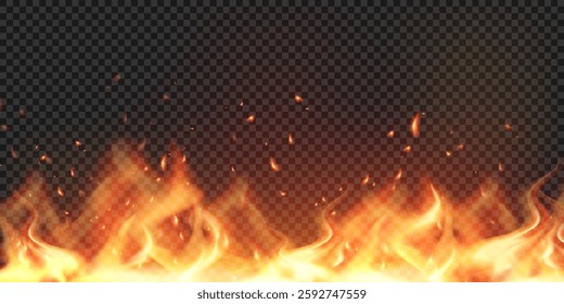 Flame with smoke isolated on transparent background. Vector realistic border of fire, mockup bright burning blaze with  ember particles and fume. Glowing fiery element with smoke and sparks