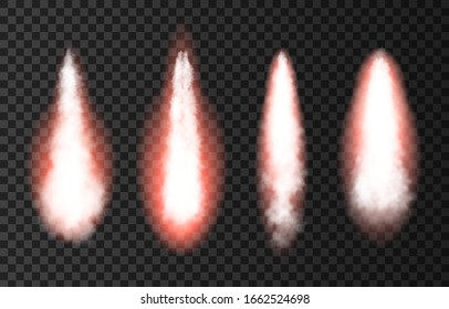 Llama y humo del lanzamiento de cohetes espaciales. Fuego, cometa o meteorito sobre fondo transparente.  La nave espacial despega. Pista de aviones o de barcos. Efecto de luz del vector.