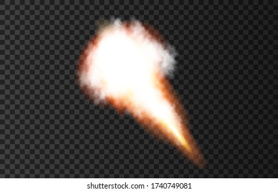 Flame and smoke from space rocket launch. Fire, comet or meteor on transparent background.  Spaceship take off. Plane jets track or ship trail. Vector light effect.