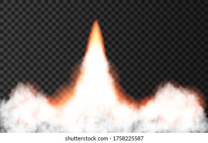 Flame and smoke from space rocket launch. Fire, comet or meteor on transparent background.  Spaceship take off. Plane jets track or ship trail. Vector light effect.