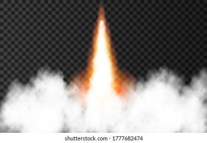 Flame And Smoke From Space Rocket Launch. Fire, Comet Or Meteor On Transparent Background.  Spaceship Take Off. Plane Jets Track Or Ship Trail. Vector Light Effect.