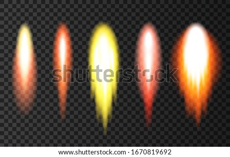 Flame and smoke from space rocket launch. Fire, comet or meteor on transparent background.  Spaceship take off. Plane jets track or ship trail. Vector light effect.