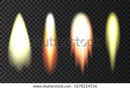 Flame and smoke from space rocket launch. Fire, comet or meteor on transparent background.  Spaceship take off. Plane jets track or ship trail. Vector light effect.