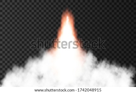 Flame and smoke from space rocket launch. Fire, comet or meteor on transparent background.  Spaceship take off. Plane jets track or ship trail. Vector light effect.