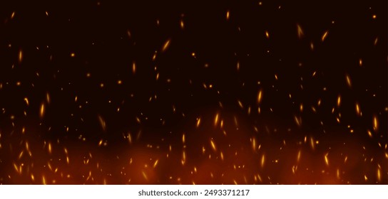 Flame with sparks, fire with flying cinder, abstract glowing embers, heat sparkles, bokeh fire texture. Vector illustration.