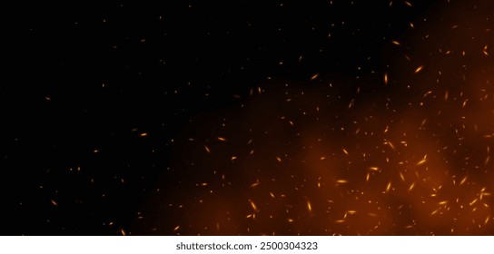 Flame with sparks, fire with flying cinder, abstract glowing embers, heat sparkles, bokeh fire texture. Vector illustration.