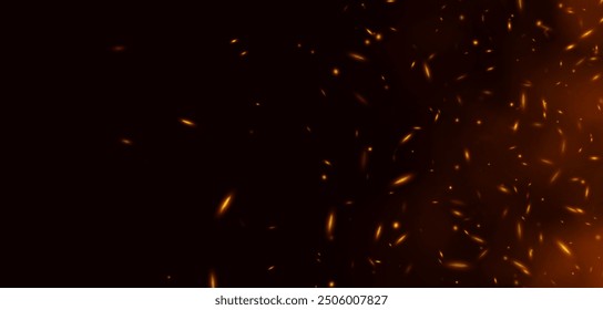 Flame with sparks, fire with flying cinder, abstract glowing embers, heat sparkles, bokeh fire texture. Vector illustration.