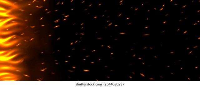 Flame with sparks, fire with flying cinder, abstract glowing embers, heat sparkles, bokeh fire texture. Vector illustration.