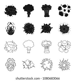 Flame, sparks, hydrogen fragments, atomic or gas explosion, thunderstorm, solar explosion. Explosions set collection icons in black,outline style vector symbol stock illustration web.