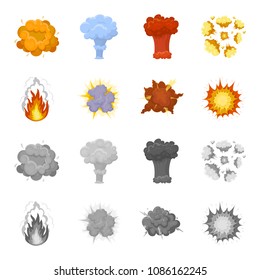 Flame, sparks, hydrogen fragments, atomic or gas explosion, thunderstorm, solar explosion. Explosions set collection icons in cartoon,monochrome style vector symbol stock illustration web.