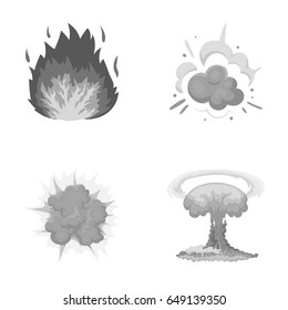 Flame, sparks, hydrogen fragments, atomic or gas explosion. Explosions set collection icons in monochrome style vector symbol stock illustration web.