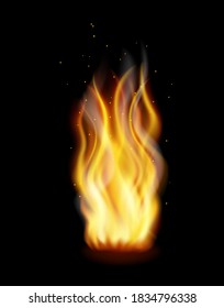 Llama con chispas en el fondo negro, fuego se quema, hoguera, fuego por diseño, vector realista.