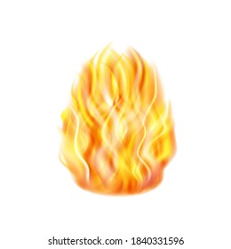 Flame with sparks on white background, fire is burning, bonfire, fire for design, realistic vector.