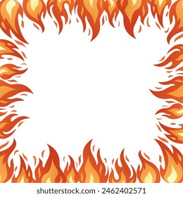 Flame square frame. Bright fiery flames, heat wildfire, campfire red hot bonfire. Burning frame hand drawn isolated on white. Trendy flat style cartoon burning frame. Vector illustration