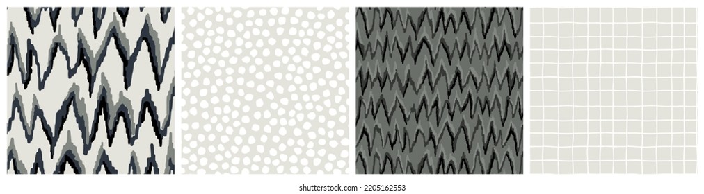 Flame stitch, ikat abstract seamless pattern. Ethnic print and coordinating minimalist designs. Vector background in khaki green, beige and white colors.