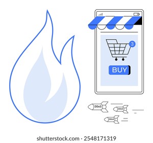 Flame symbol, online shopping cart on a mobile screen with a Buy button, and three DDoS attack symbols representing cybersecurity threats. Ideal for online security, e-commerce, cyber threats