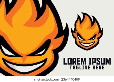 Flame Template and Cute Fire Mascot Head Logo, Blaze Icon Badge Emblem for Sport and Esport