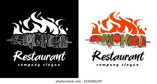 Flame and text designs as well as grill elements shish kebab logo. Vector illustration.
